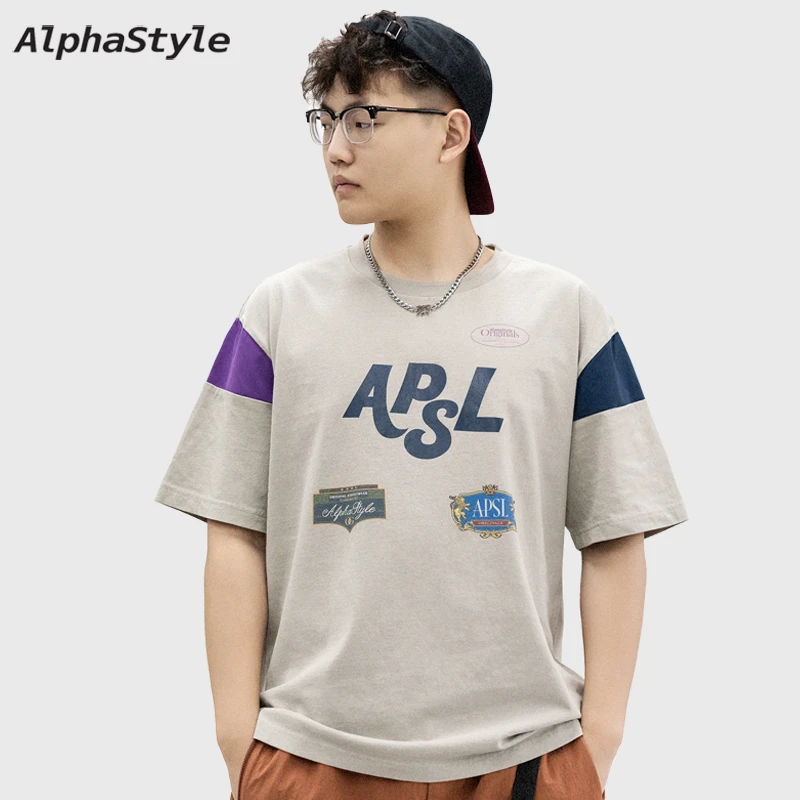 alphastyle潮牌圆领夏季潮牌拼接撞色透气T恤美式宽松夏日休闲T恤