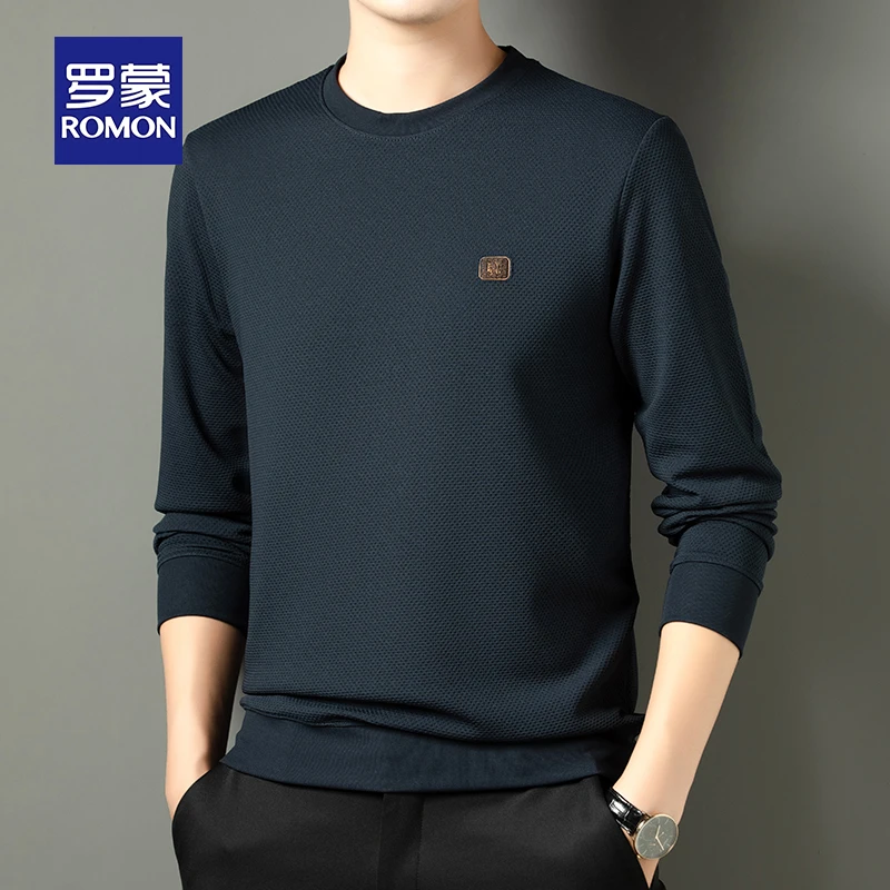罗蒙中年男士卫衣春秋季圆领华夫格上衣潮流休闲宽松套头长袖t恤