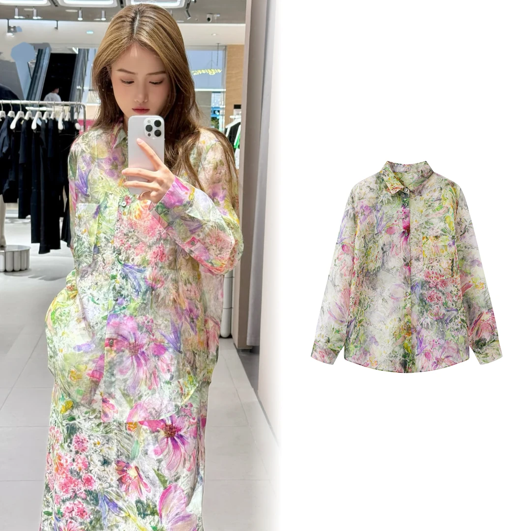 【0527】【花开富贵】2025夏季新款欧根纱印花宽松设计感微透衬衫女