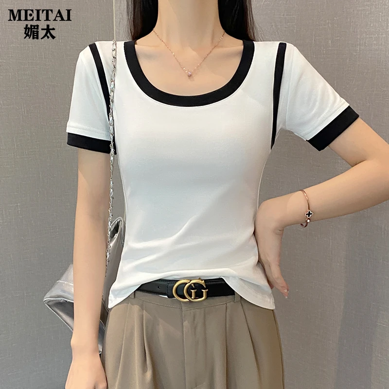 MEITAI媚太圆领撞色短袖t恤女春夏设计感打底衫修身内搭拼接上衣
