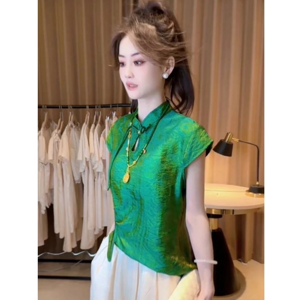 中式国风女装2025新款夏季高级感减龄气质绿色衬衫杏色阔腿裤套装