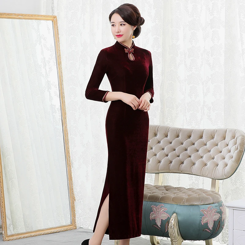 简约旗袍妈妈装新款金丝绒旗袍长款七分袖源头修身复古改良
