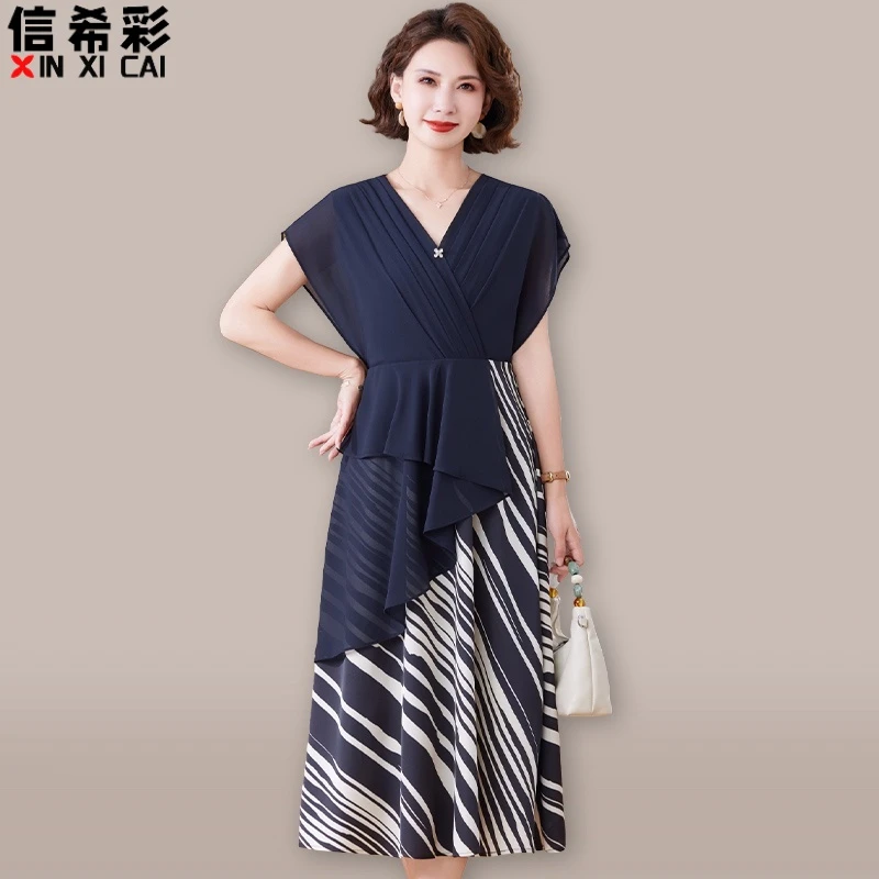 端庄优雅妈妈夏装短袖连衣裙收腰显瘦中老年裙子女夏季气质高级感