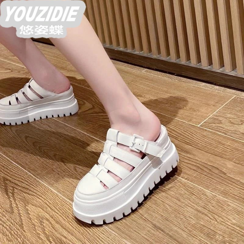 欧货轻奢松糕厚底半拖鞋女2025春夏新款小个子增高凉拖外穿洞洞鞋