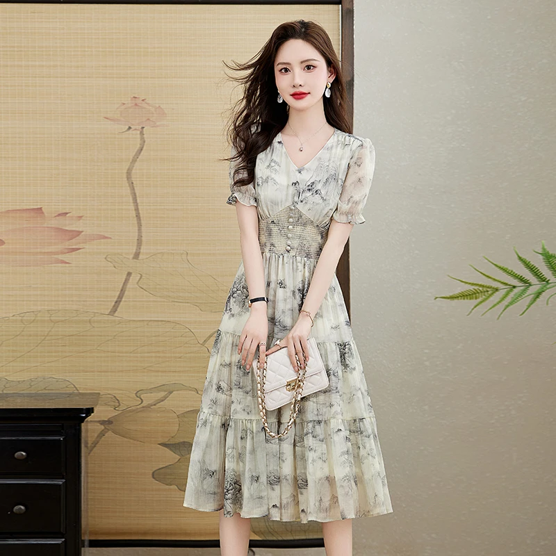 120-140斤微胖女装水墨画碎花莱赛尔天丝连衣裙女2025夏季新款裙