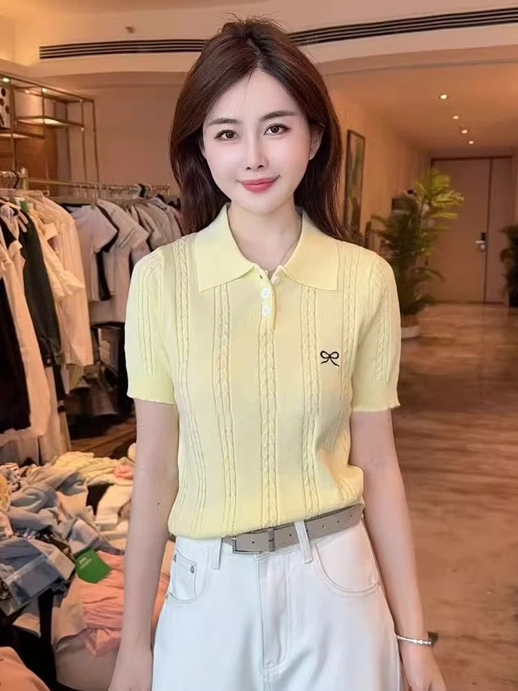 POLO领针织衫女学院风基础百搭减龄显瘦蝴蝶翻领夏季气质极简风
