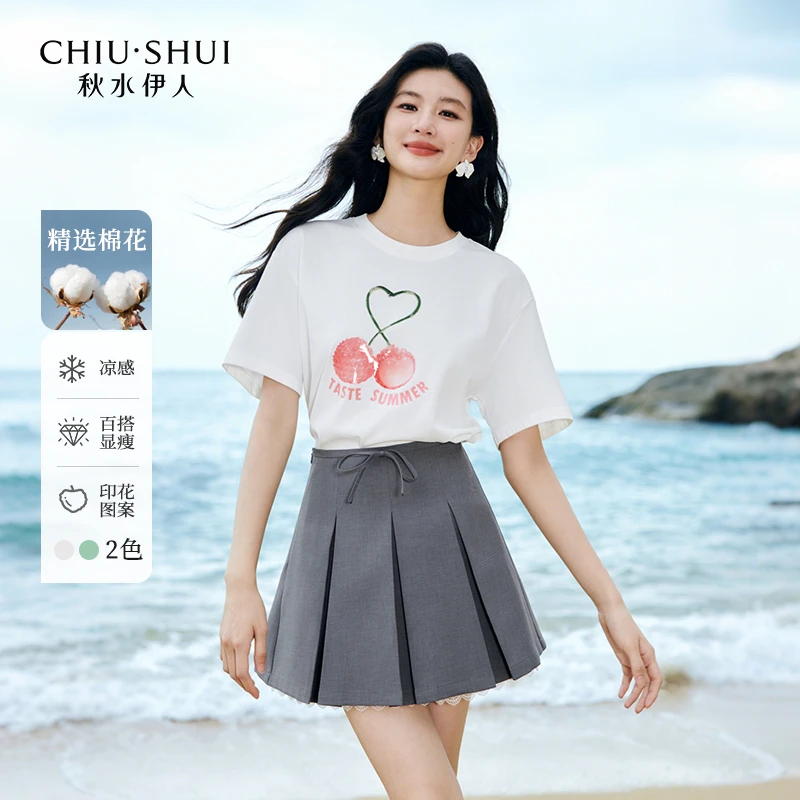 秋水伊人圆领T恤2025年夏季新款女休闲随性极简上衣625203A200030