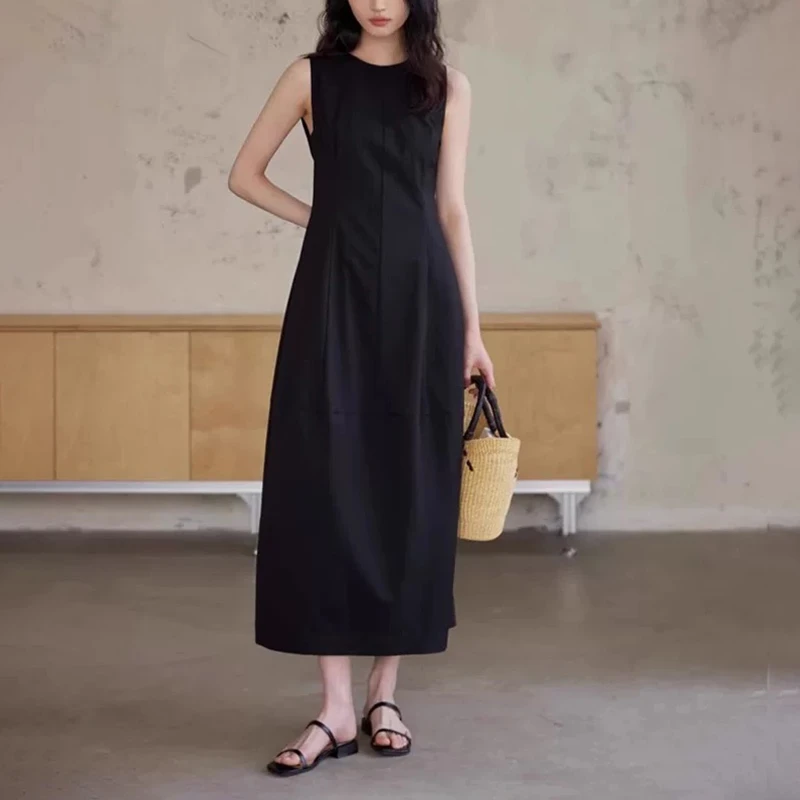 （法式单层气质亚麻长裙）21405夏季高级感收腰A字背心连衣裙D