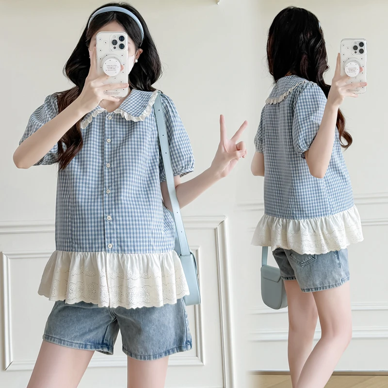 孕妇夏装2025夏季新款孕妇装天蓝格子显瘦衬衣娃娃领宽松时尚上衣