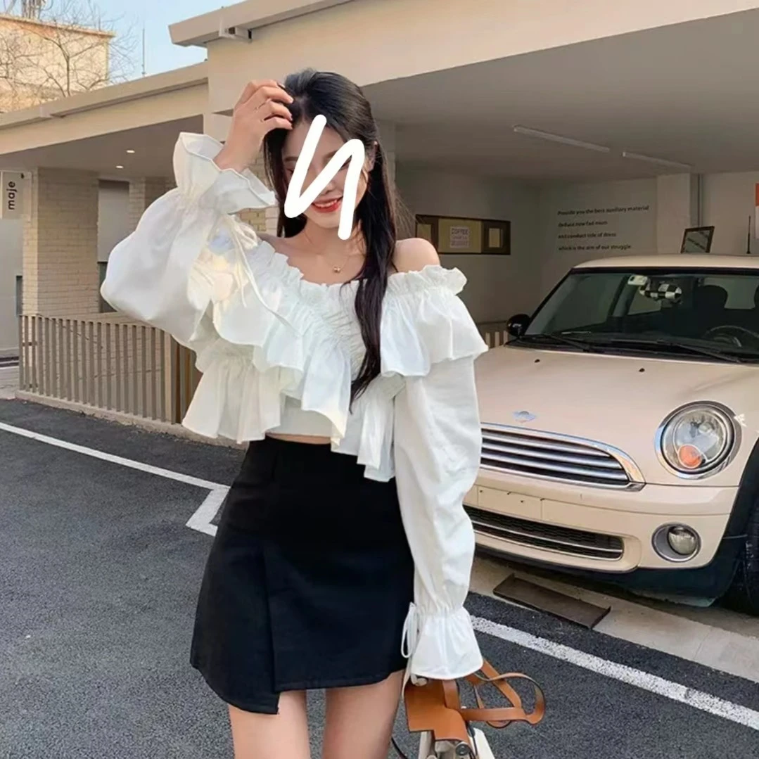 荷叶边上衣一字肩法式设计感显瘦木耳边两穿短款洋气纯欲风衬衫