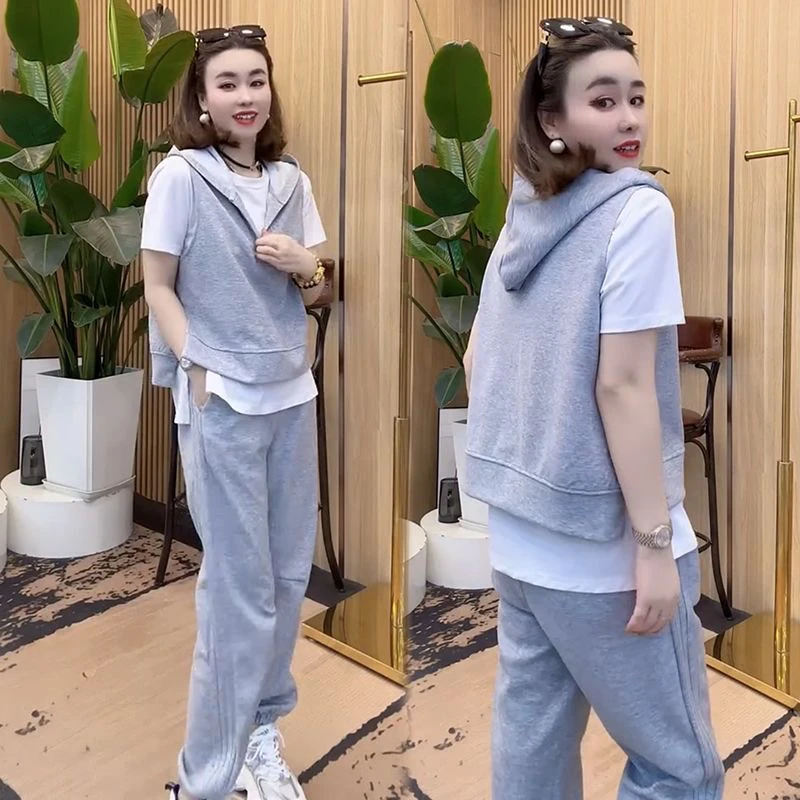 2025春夏季新款薄款马甲短袖束脚裤三件套女宽松气质网红百搭简约