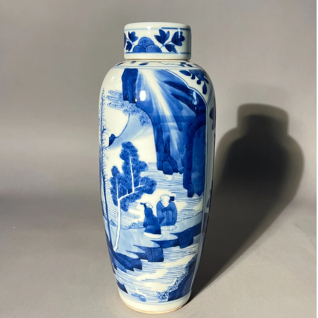 青花山水人物纹莲子罐