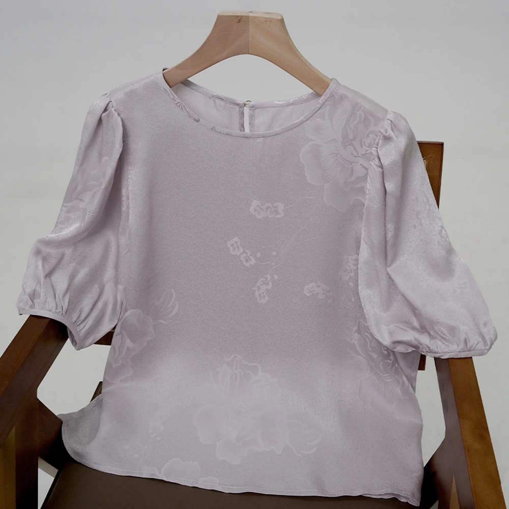 桑蚕丝提花满孔花螺短袖穿搭衬衫宽松时尚百搭纯色衬衫 825083