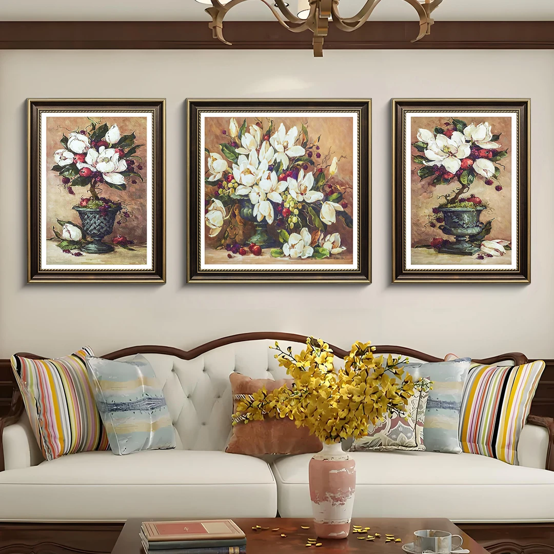 益师傅客厅装饰画复古沙发背景墙画高档欧式三联挂画玉兰花80200