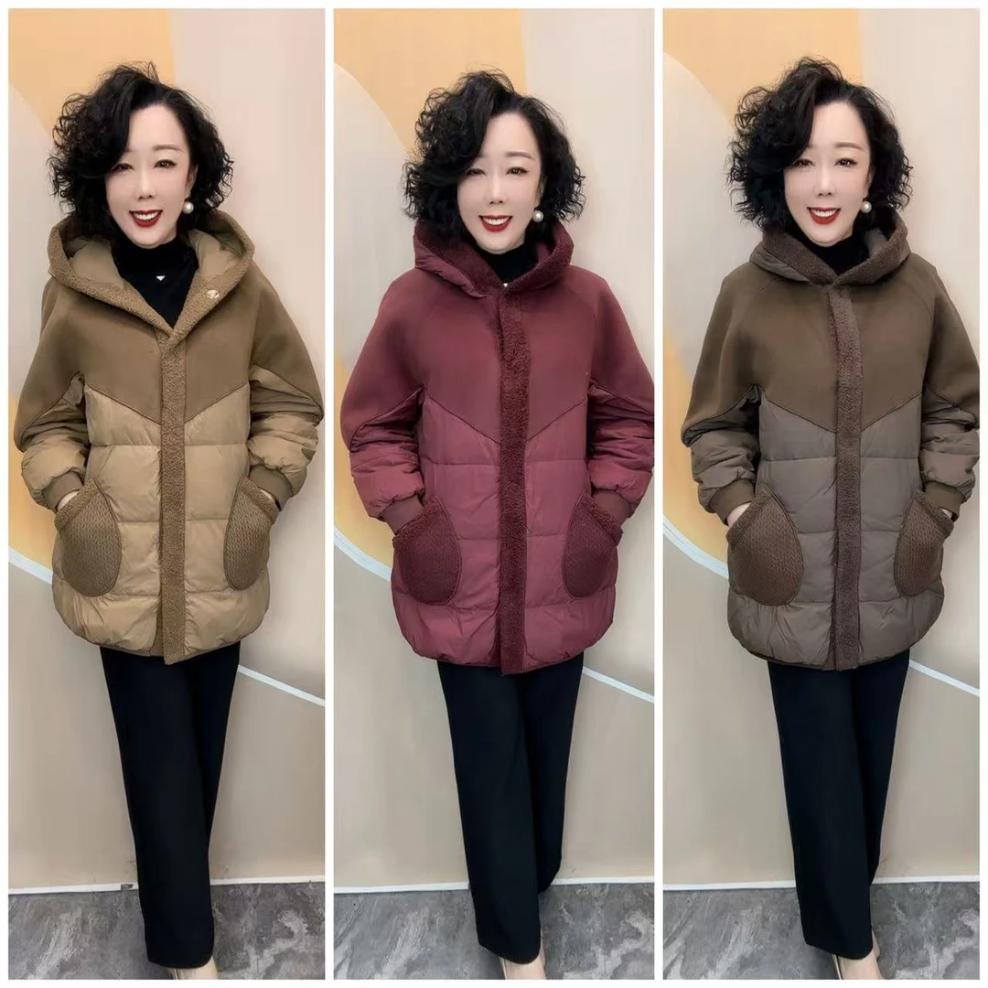 101新款优雅妈妈两面穿时尚拼接宽松大码保暖厚外套，80衣长