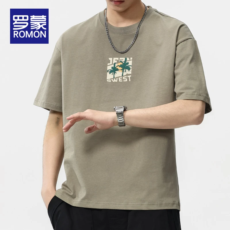 罗蒙男生潮流圆领短袖t恤男款2025新款夏季薄款男士印花打底衫男
