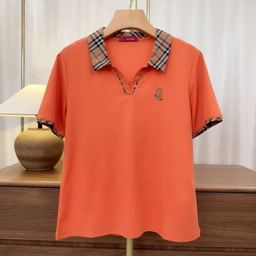 【桔色格子翻领新款短袖】夏季设计感气质T恤时尚简约减龄女式上衣