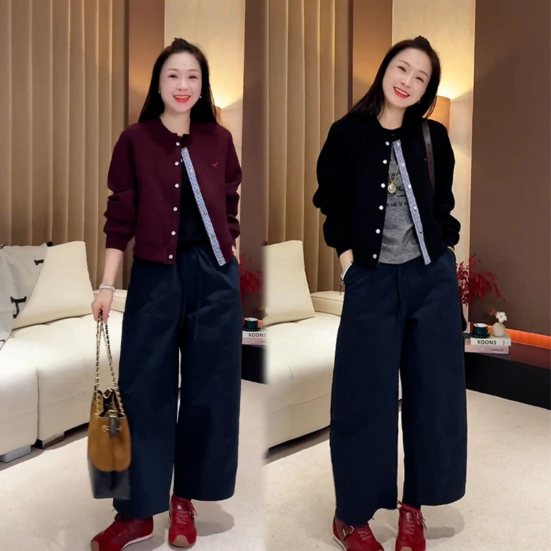 2025秋季新款设计感时尚百搭休闲风长袖开衫女休闲阔腿裤两件套装