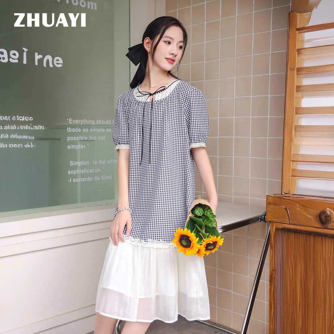 女童圆领A字裙极简风格子套头连衣裙拼接裙子度假风（25222338）3