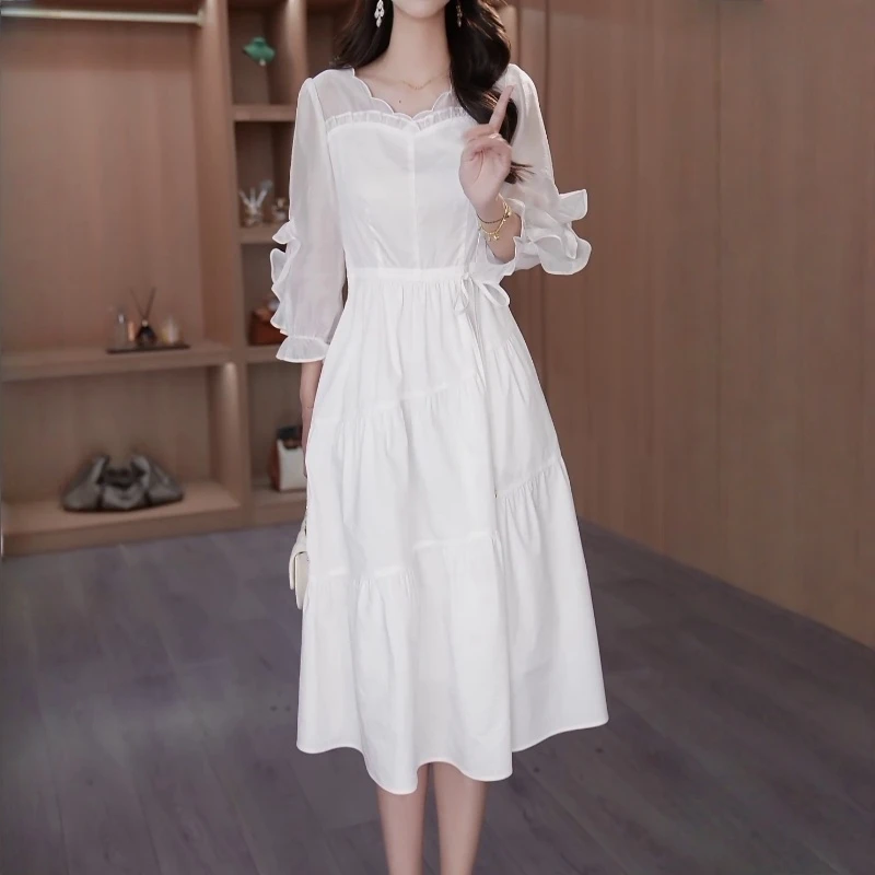 秋新款百搭时尚日常通勤长袖中长裙小众气质减龄白月光纯色连衣裙