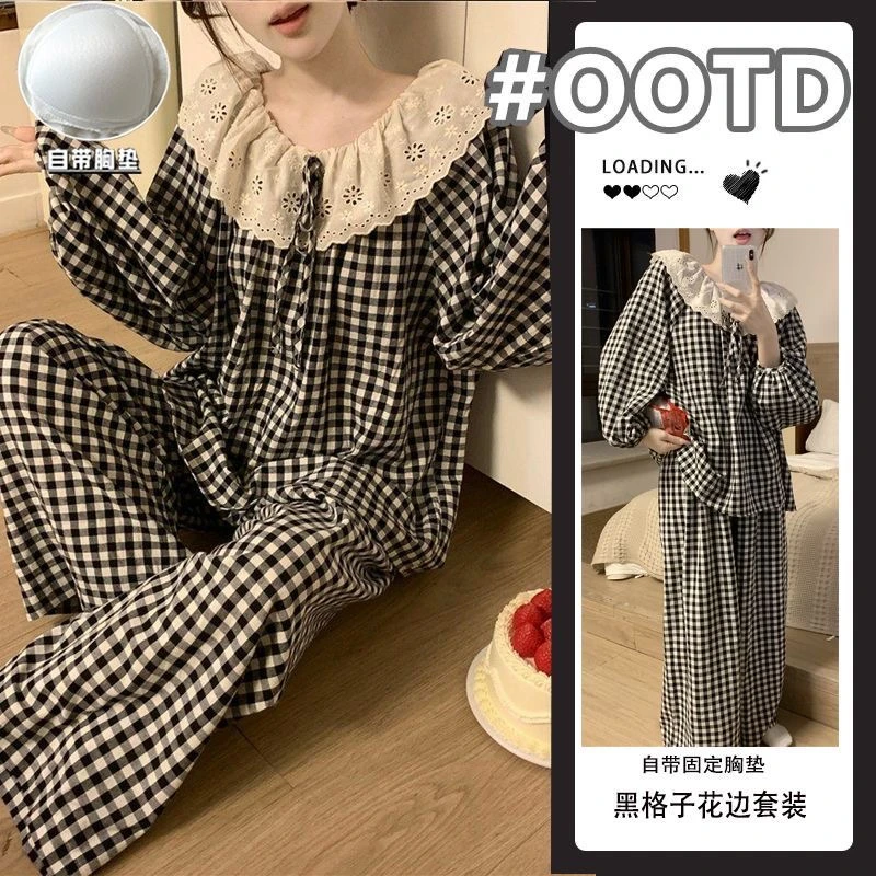 甜美风家居服套装带胸垫云朵棉睡衣春秋季宽松女长袖长裤睡衣女款