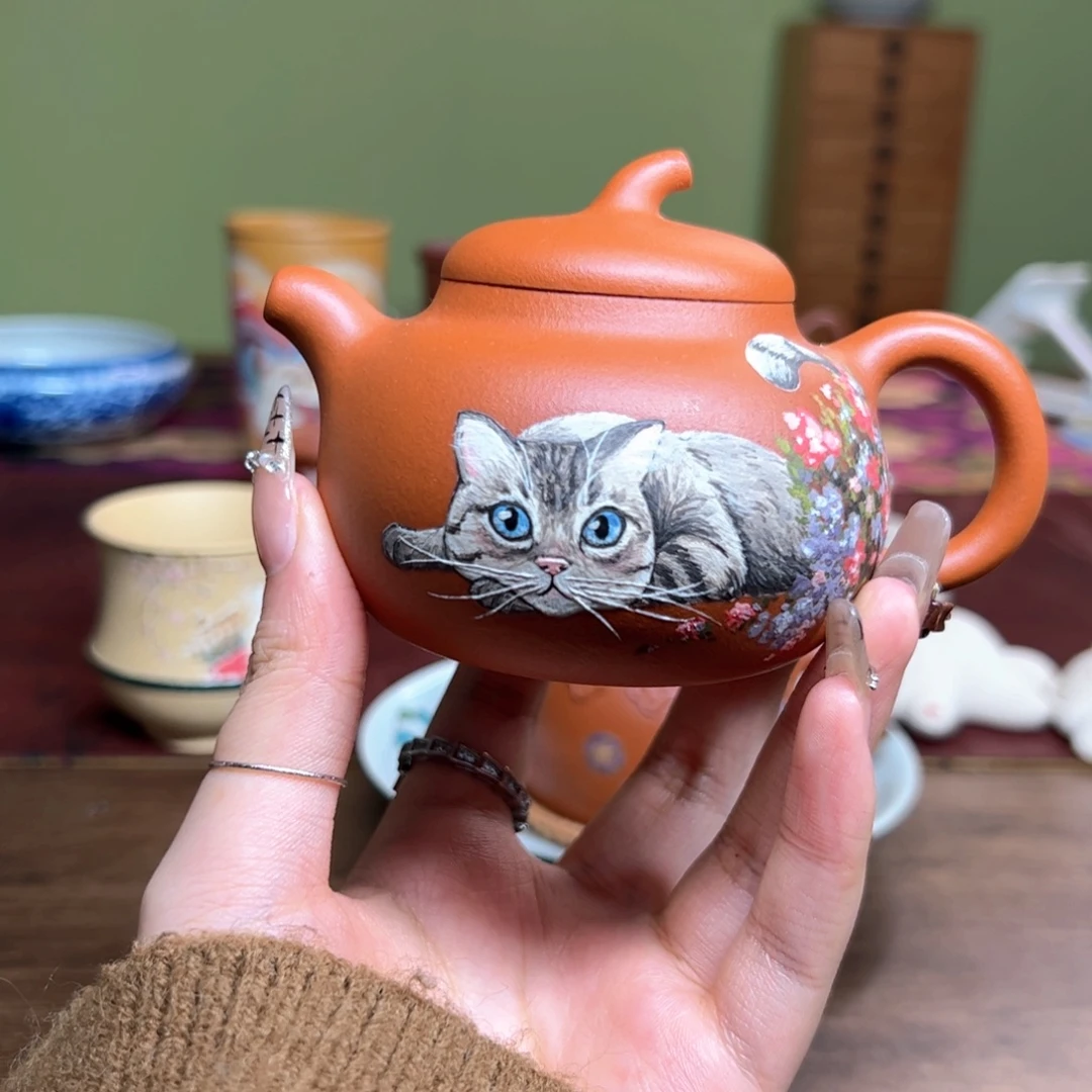 茶壶紫砂老红泥茄瓜 趴趴猫 170ml