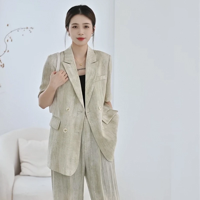 胖mm大码短袖薄西装套装扎染直筒裤洋气显瘦短袖西服两件套200斤