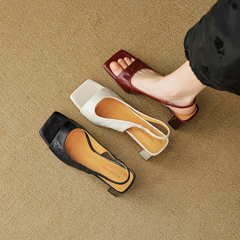 羊皮时装凉鞋高跟粗跟法式女凉鞋露趾黑色夏季方头高跟鞋气质