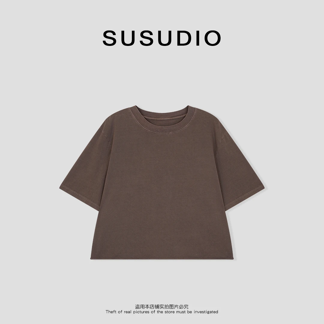 SUSUDIO 100棉 极简风夏季圆领卷边纯色短袖宽松显瘦T恤 10613