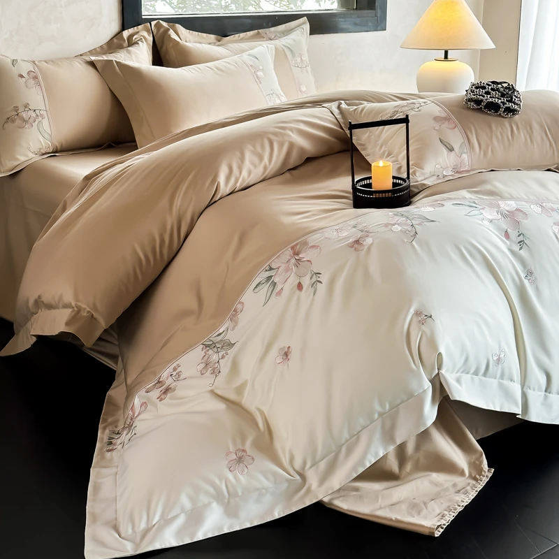 樱花恋-轻奢法式小香风双面100%纯棉刺绣拼接款全棉长绒棉四件套