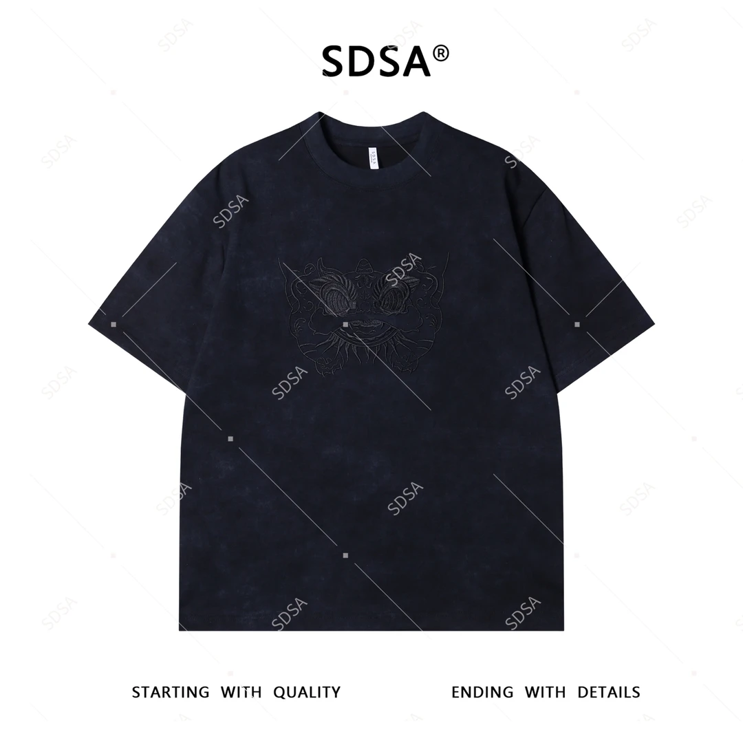 夏季高级感新款男士潮牌重工醒狮刺绣设计短袖T恤时尚圆领上衣潮