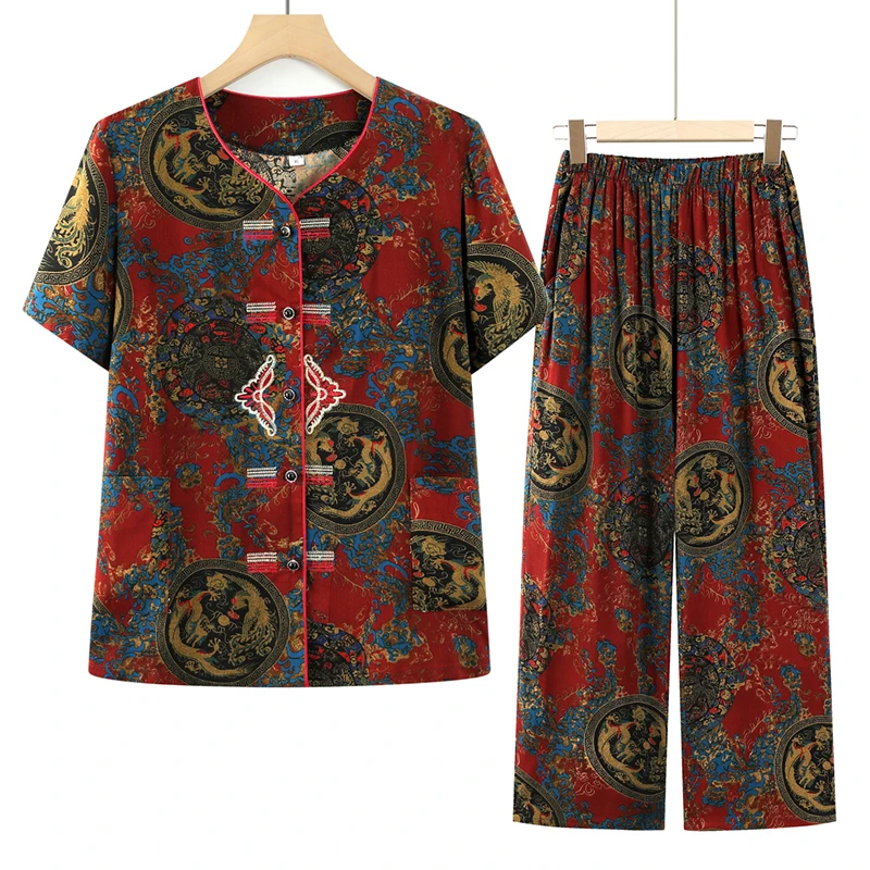 中老年女装夏天棉绸套装大码妈妈装短袖绣花上衣奶奶装薄款两件套