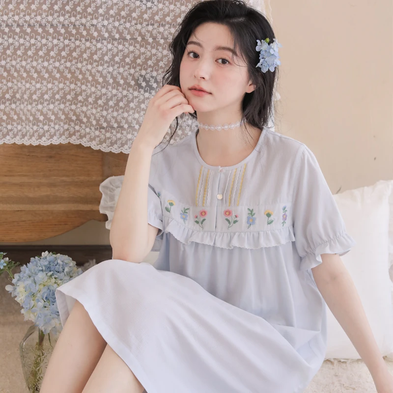 【季夏】春夏纯棉女士睡裙圆领甜美刺绣短袖宽松中长款睡裙可外穿