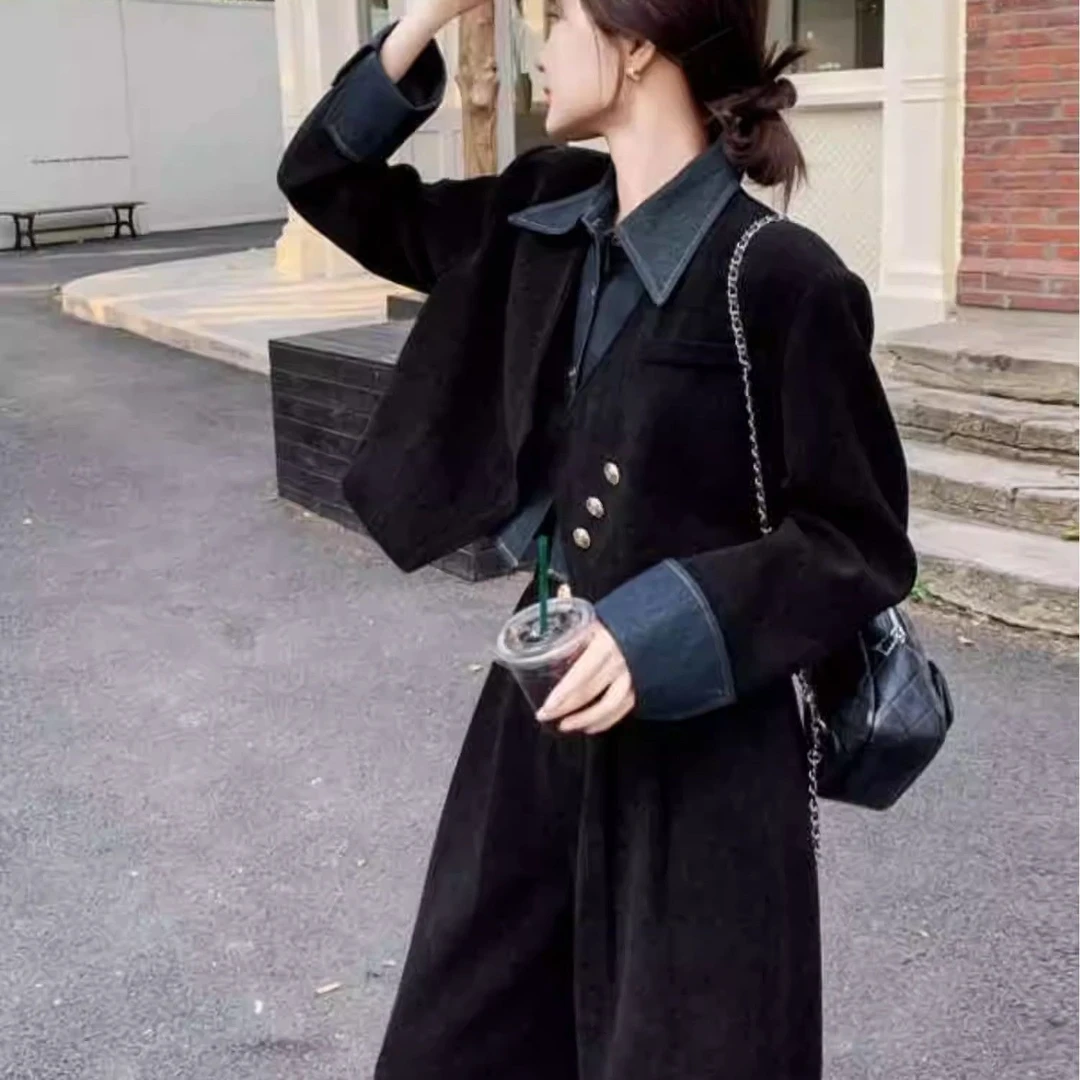 上衣新款牛仔拼接假两件小香风气质网红洋气百搭时尚黑色显瘦