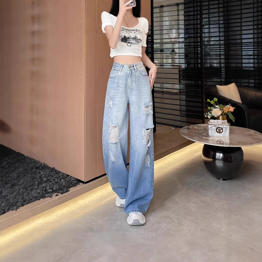 2530渐变破洞阔腿牛仔裤女年新款夏季薄款垂感宽松气质辣妹直筒裤