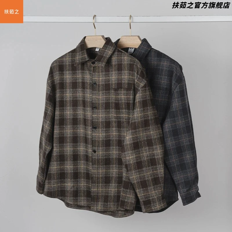 设计师线新品男士复古磨毛格子衬衫休闲衬衣外套