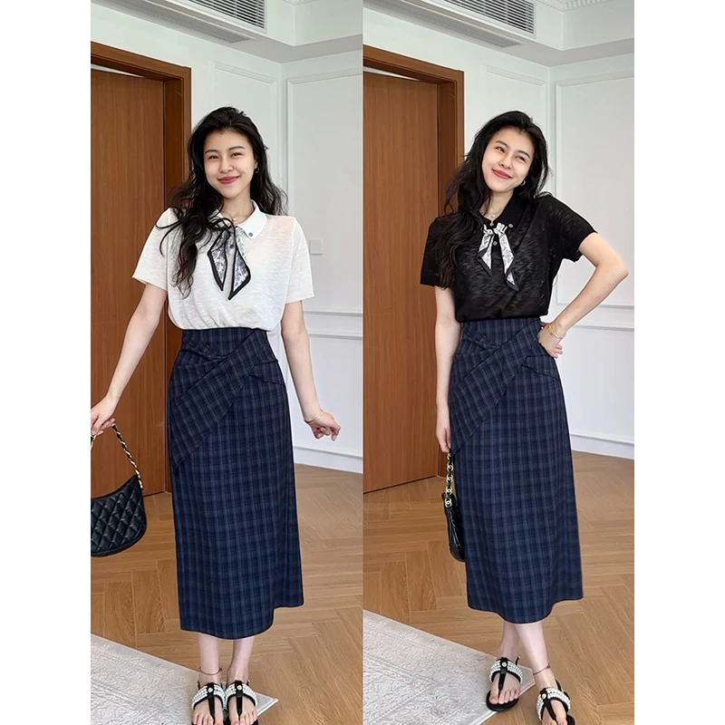 【现货】张阿星【长半裙】休闲时尚莱赛尔亚麻纯色T恤+不规则长格半裙