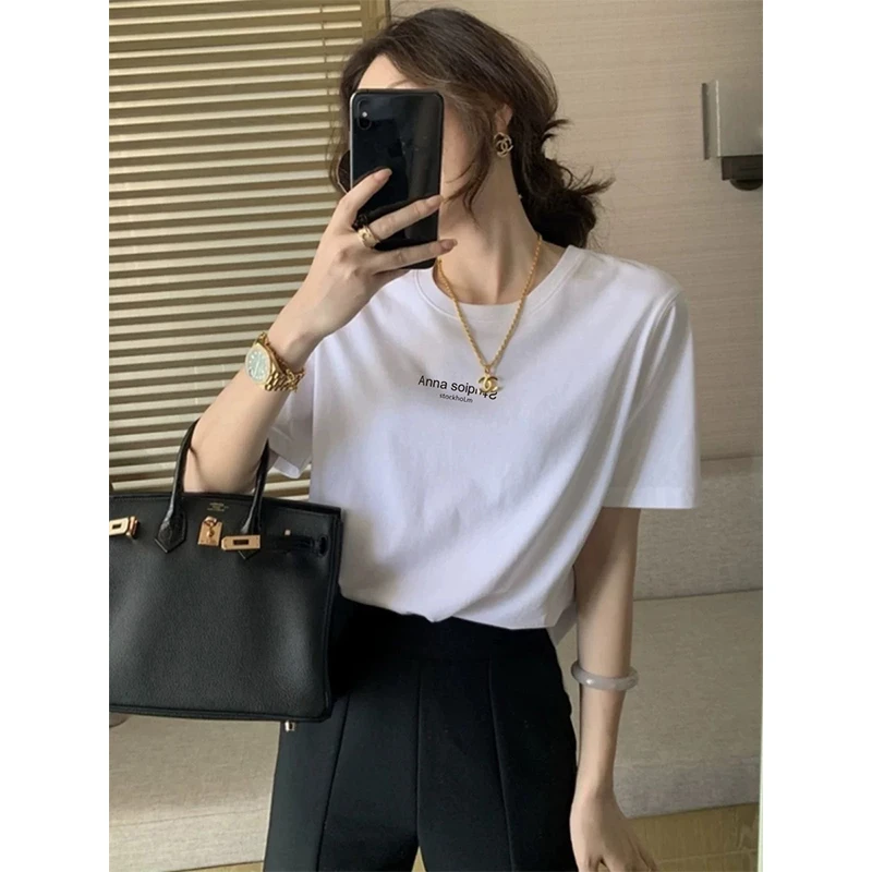 纯棉白色正肩体恤字母印花精致半袖2025夏季大爆款时尚字母纯棉T