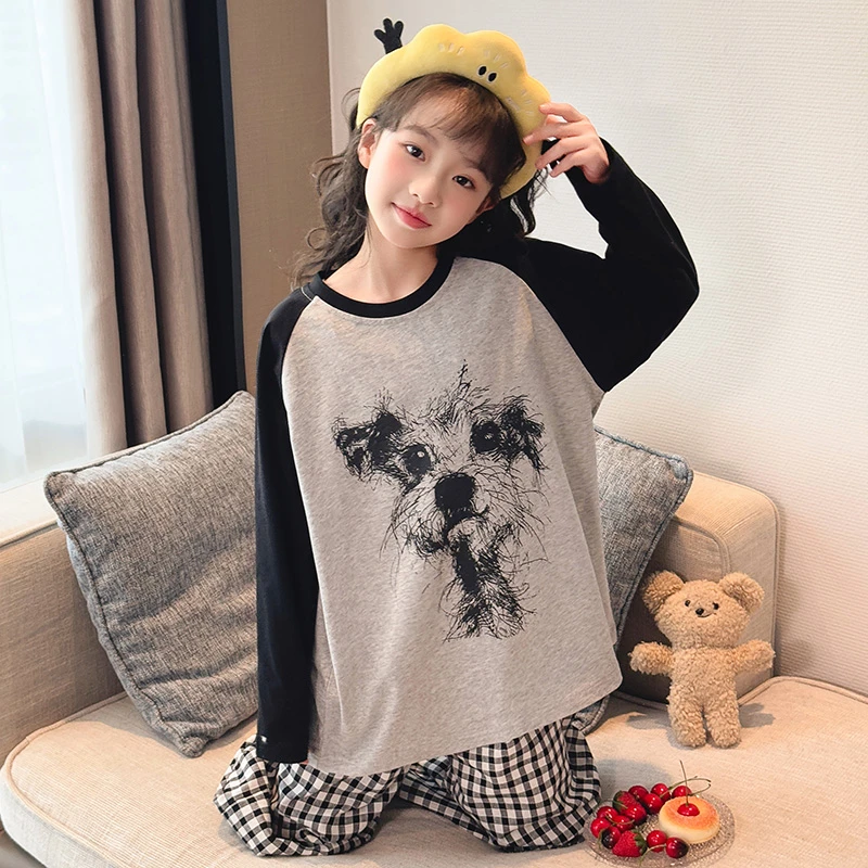 女童卡通小狗印花睡衣棉春秋薄款女孩中大童格子裤居家服套装