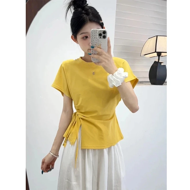 韩式女设计绑腰百搭收腰袖口翻边短袖T恤衫上衣不规则设计感修身
