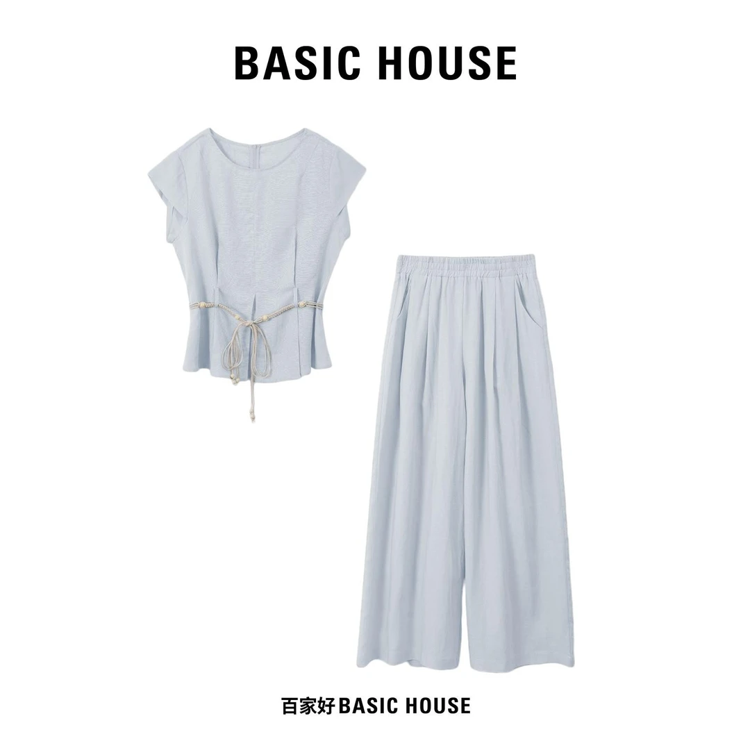 Basic House/百家好2025夏季新款系绳收腰飞袖纯色组合气质套装