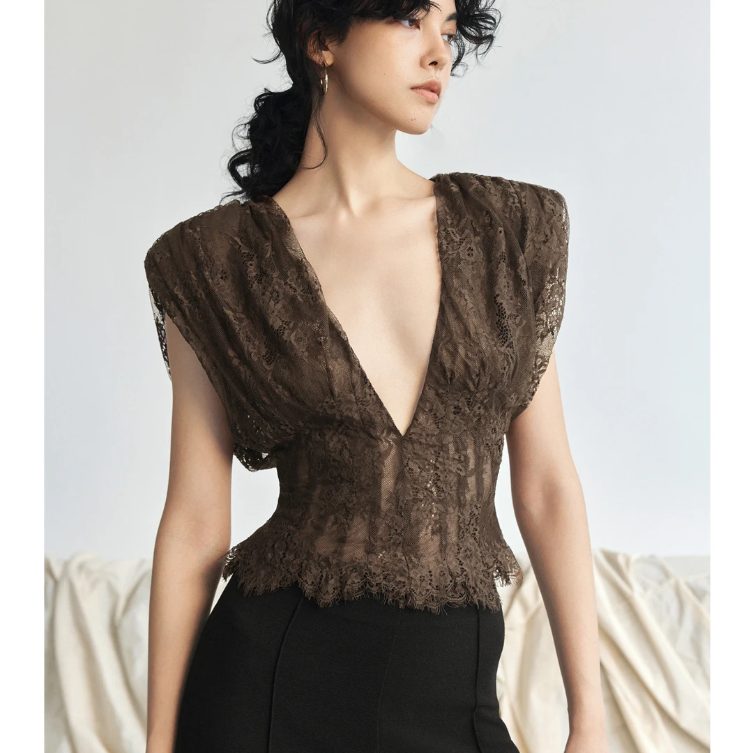 Z老板 双层蕾丝 V领蕾丝衫女夏薄款性感透视高端气质修身T恤上衣