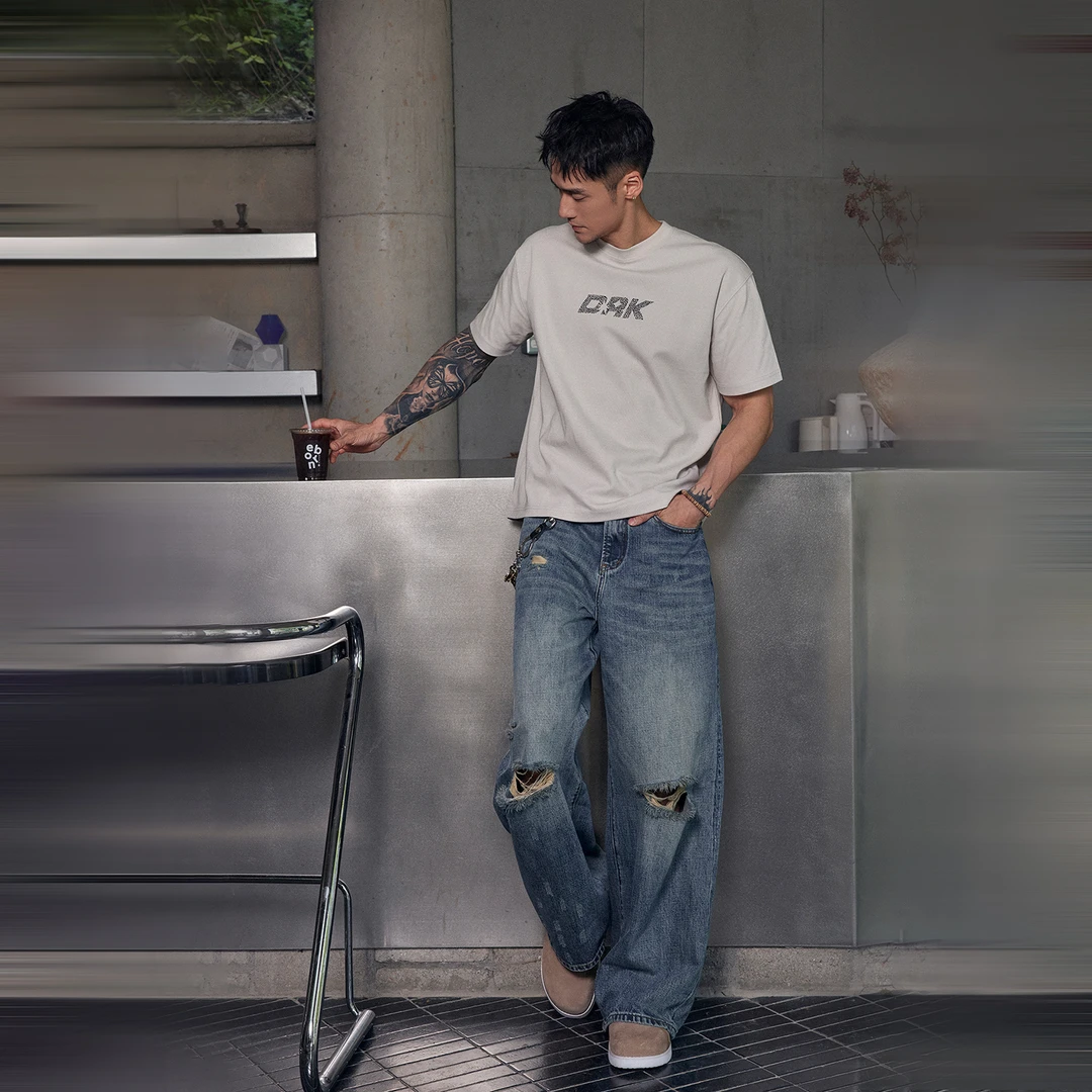 DRK子弹孔破洞廓形牛仔裤休闲夏季美式男士宽松做旧水洗