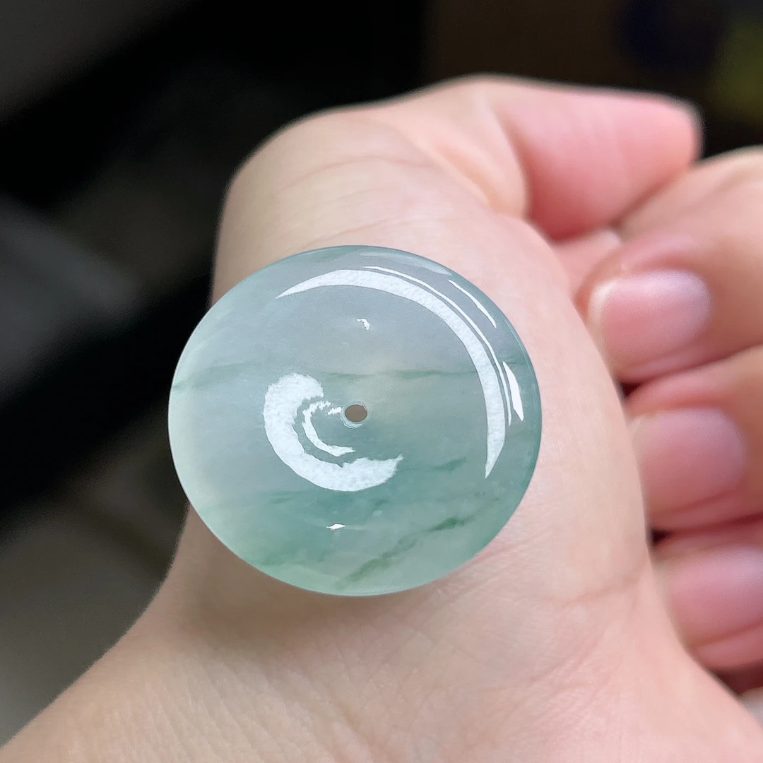 缅甸天然A货翡翠冰飘花平安扣吊坠尺寸26.9×6.1