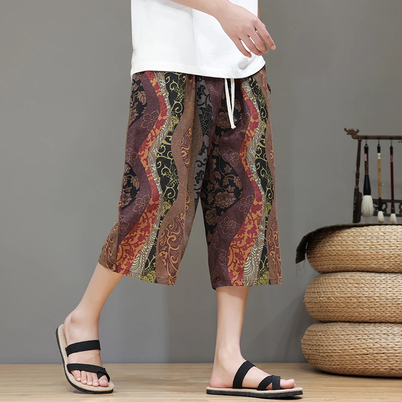 民族风花短裤男士透气外穿沙滩七分裤夏季薄款大码宽松直筒运动裤