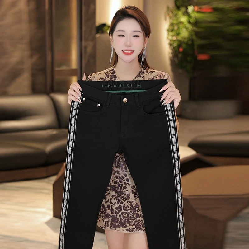 拼接拉链厚款织带免烫秋冬牛仔裤小直筒休闲百搭时尚韩版黑色长裤