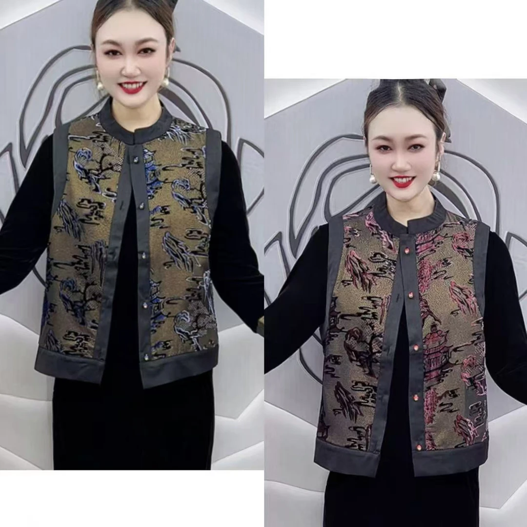 9539  新式浮雕富贵山水中老年妈妈单件马甲