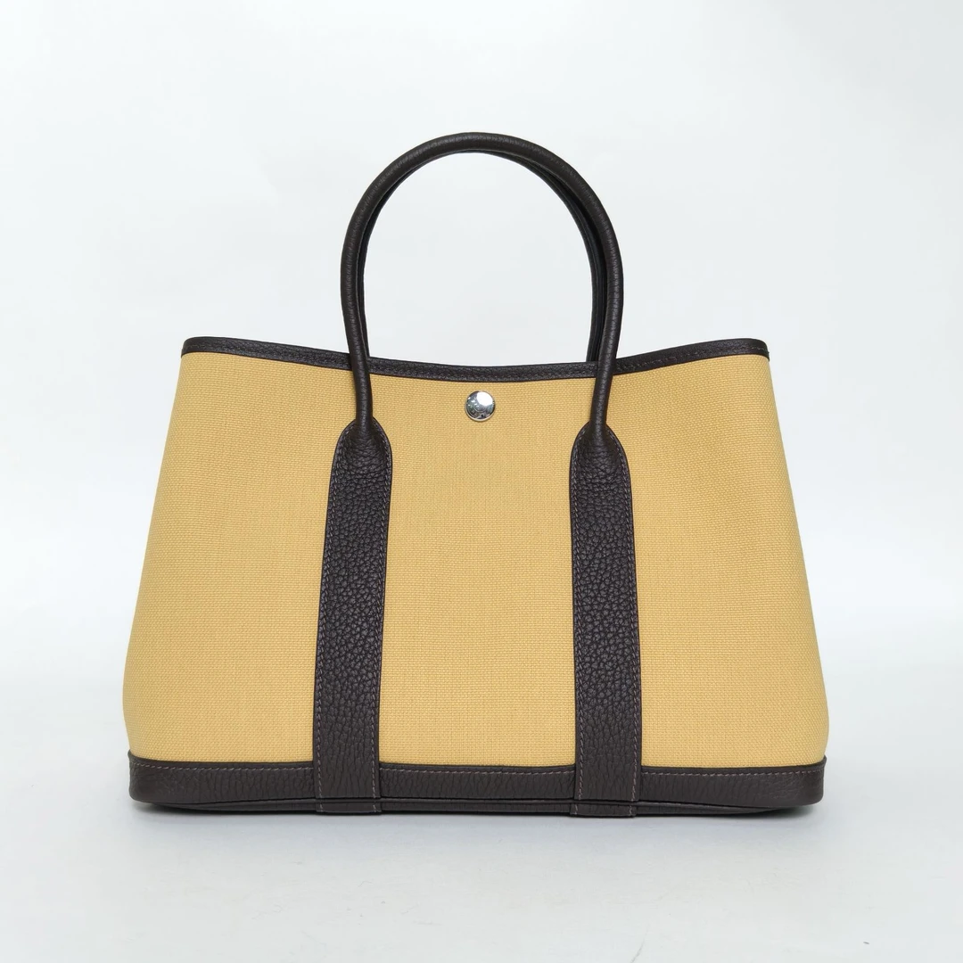 99新 Hermes/爱马仕 花花 花园包 30 46乌木色拼1A稻草黄 W刻