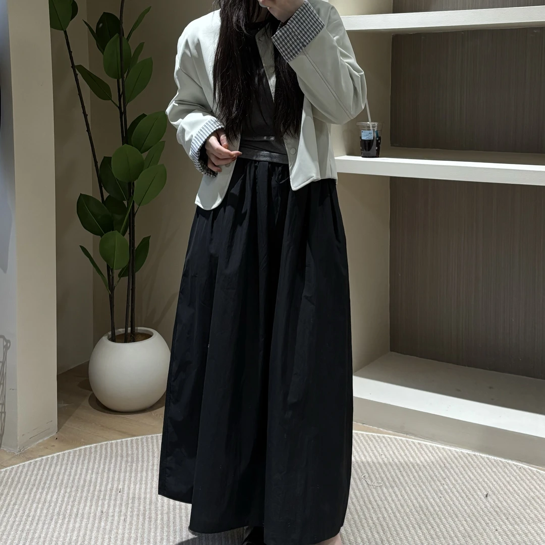 E309休闲显瘦高腰抽绳松紧腰百搭半身裙女春夏季新品黑色长裙子