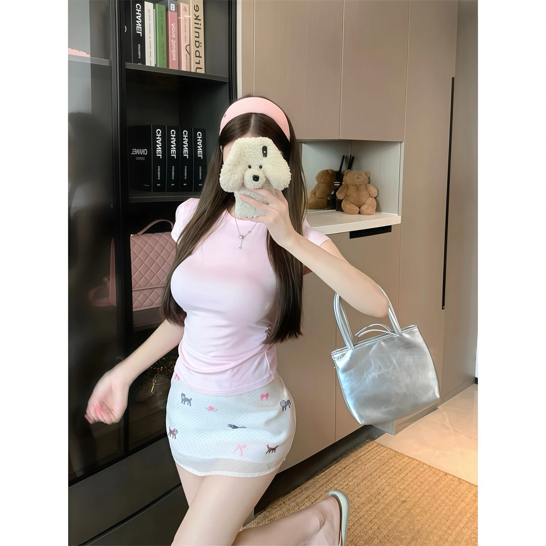 休闲风短袖纯色短款T恤纯欲风性感风可爱狗狗印花半身裙粉色套装